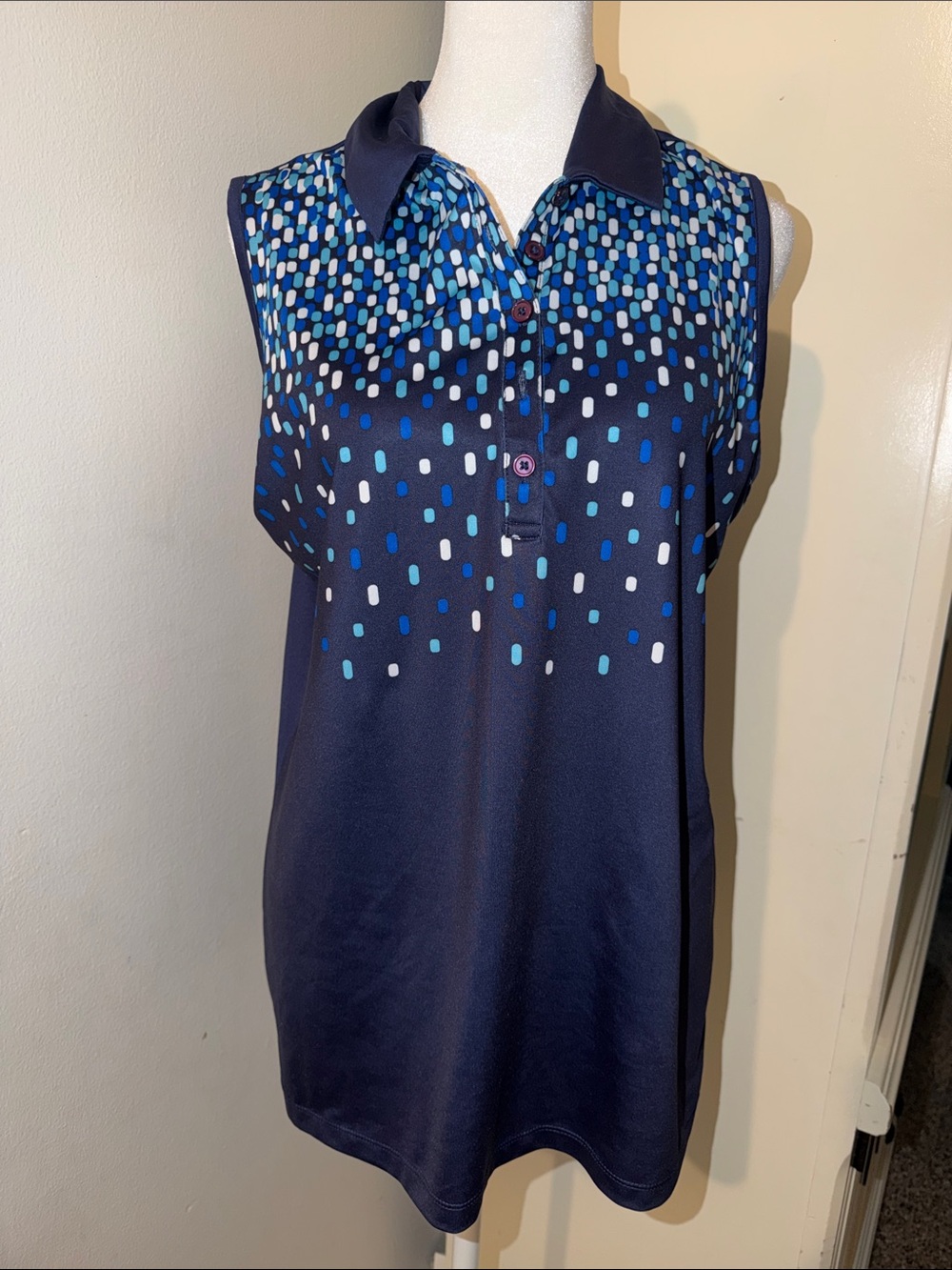 Navy Sleeveless Polo blouse with Blue Dot Print